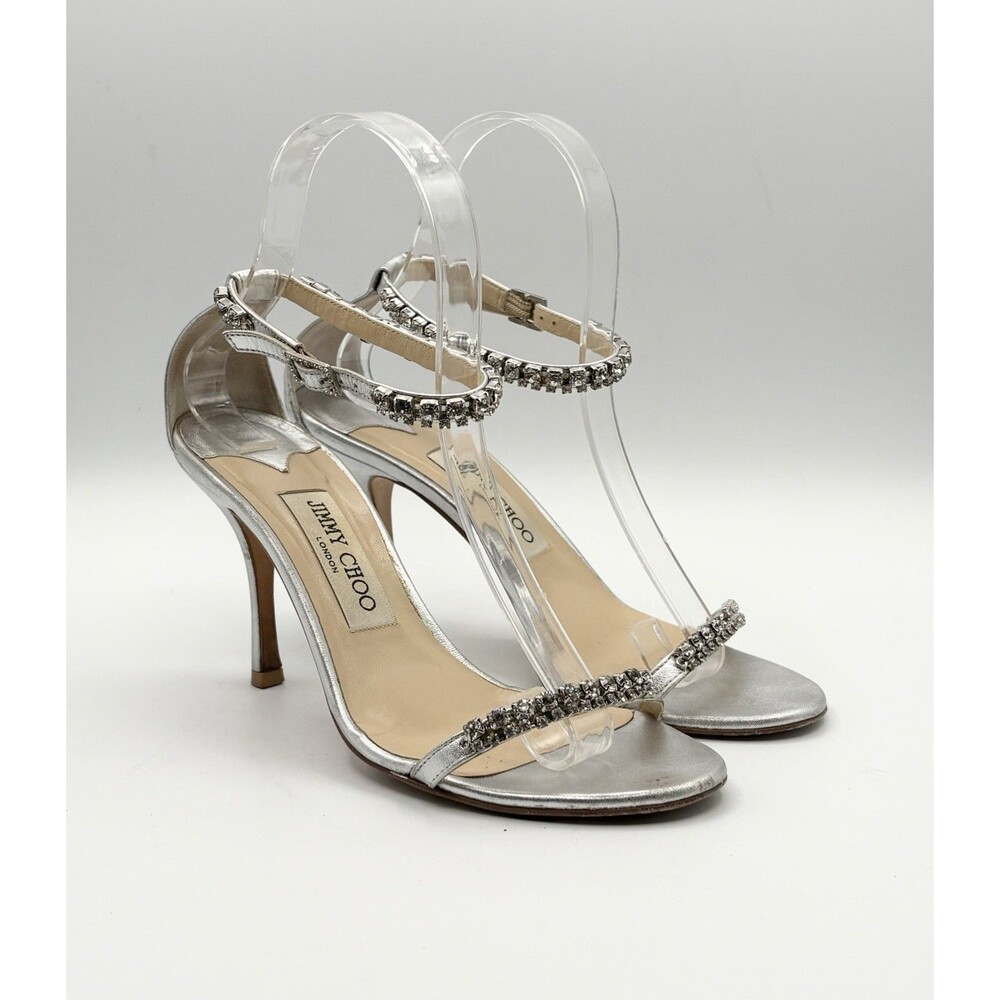 Jimmy Choo Silver Leather Crystal Embellished Ankle Strap Sandals Heels EU 37.5